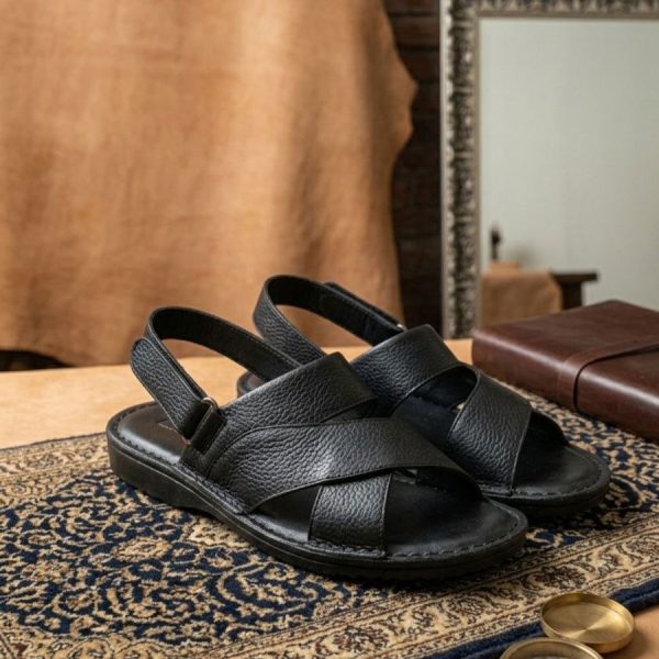 صندل چرمی مشکی مردانه پشت بند ضربدری مدل کلاسیک